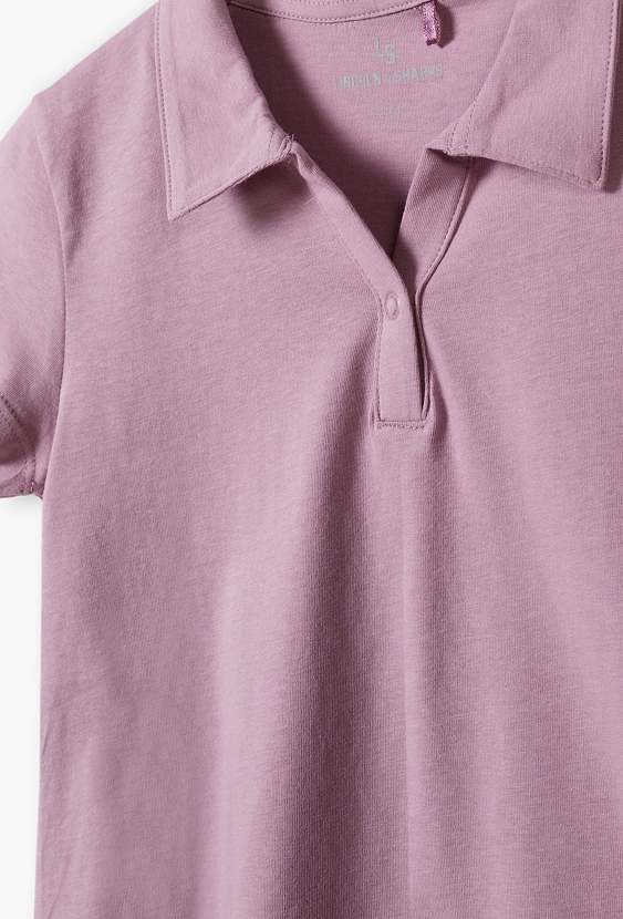 Fioletowa bluzka dziewczęca z kołnierzykiem - krótki rękaw