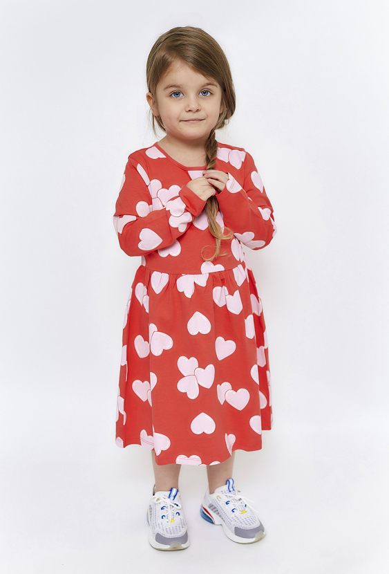 Bawełniana sukienka z długim rękawem - czerwona w serduszka