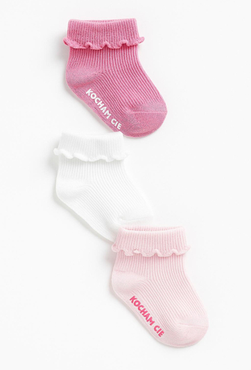 Skarpetki niemowlęce z falbanką i antypoślizgowym napisem