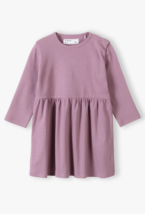 Dzianinowa sukienka niemowlęca w prążki - fioletowa