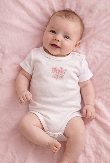 Białe body niemowlęce z krótkim rękawem i kwiatowym nadrukiem