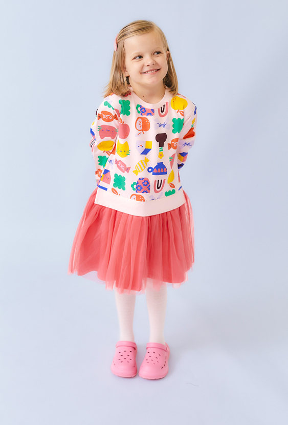 Sukienka dziewczęca z tiulowym dołem i kolorowym nadrukiem