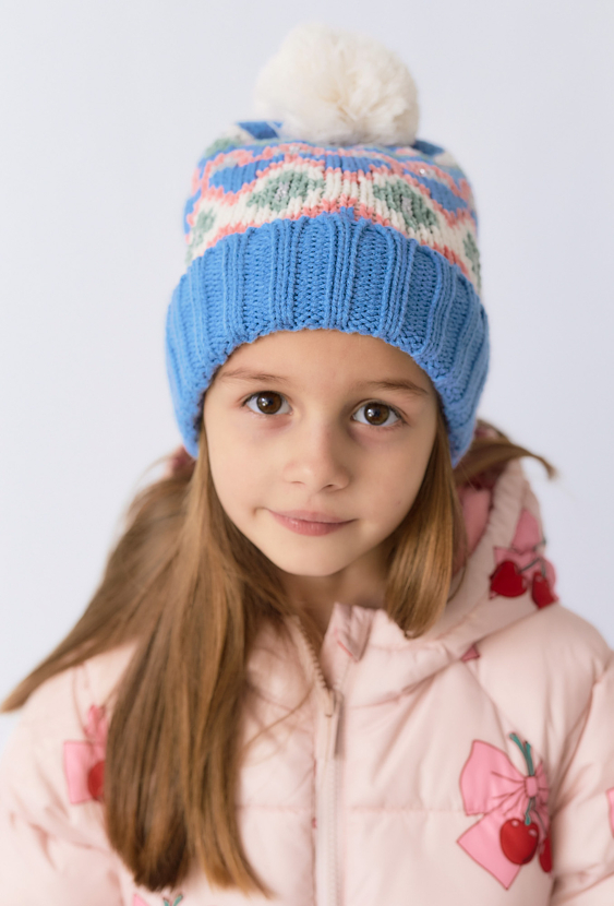 Dziewczęca czapka zimowa z pomponem i skandynawskim wzorem