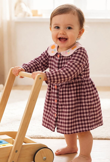 Różowa sukienka niemowlęca w kratkę z haftowanym kołnierzem