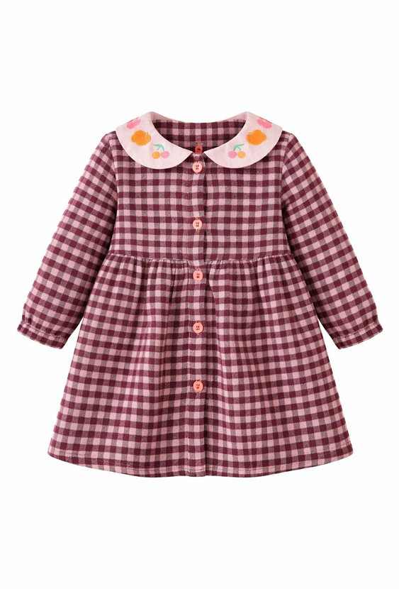 Różowa sukienka niemowlęca w kratkę z haftowanym kołnierzem