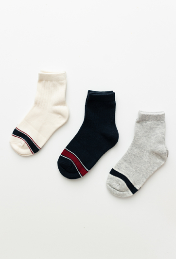 Skarpety chłopięce 3-pak- granatowe, szare i białe z paskami.
