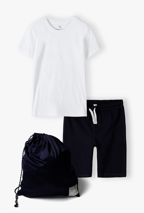 Komplet ubrań na w-f - granatowe szorty + biały t-shirt + worek