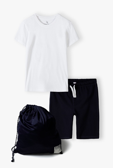 Komplet ubrań na w-f - granatowe szorty + biały t-shirt + worek