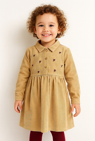 Sukienka sztruksowa z haftem i kołnierzykiem