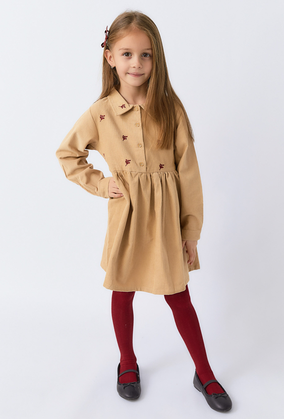 Sukienka sztruksowa z haftem i kołnierzykiem