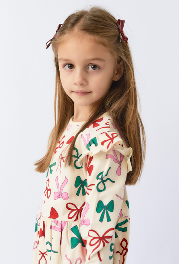 Sukienka dziewczęca z długim rękawem- kremowa z kokardkami