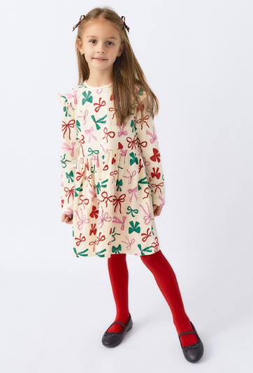 Sukienka dziewczęca z długim rękawem- kremowa z kokardkami