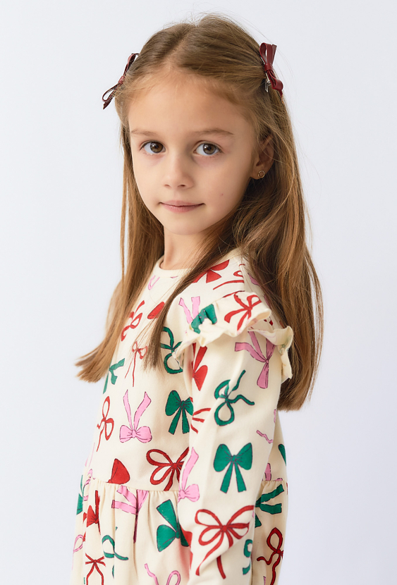 Sukienka dziewczęca z długim rękawem- kremowa z kokardkami