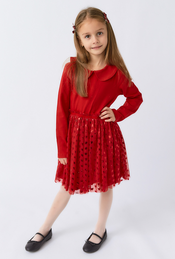 Czerwona dziewczęca sukienka z długim rękawem i tiulowym dołem