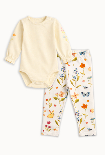 Komplet niemowlęcy: body z długim rękawem i legginsy w kwiatki