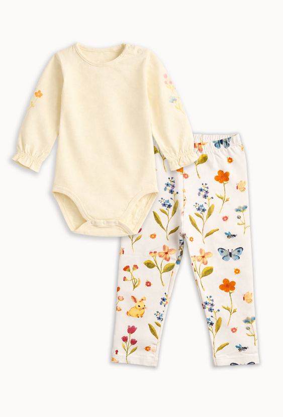 Komplet niemowlęcy: body z długim rękawem i legginsy w kwiatki