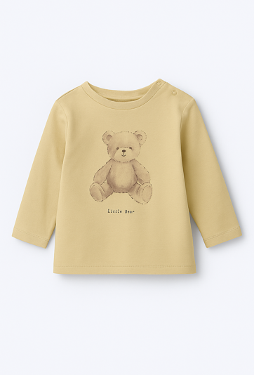 Beżowa bluzka z długim rękawem i nadrukiem misia.