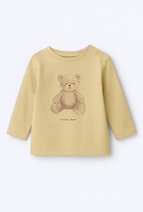 Beżowa bluzka z długim rękawem i nadrukiem misia.