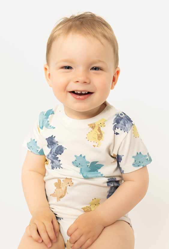 Body niemowlęce z krótkim rękawem - beżowe w smoki