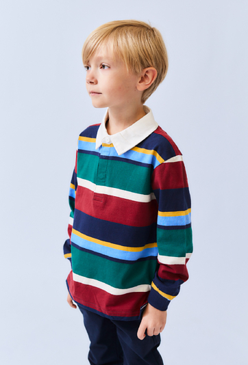 Chłopięca koszulka polo z długim rękawem w kolorowe paski.