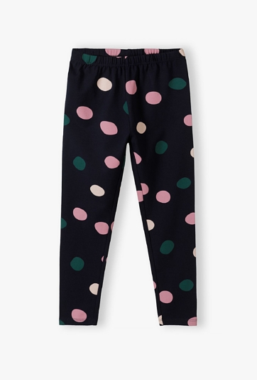 Granatowe leginsy dziewczęce w kolorowe kropki - 5.10.15.