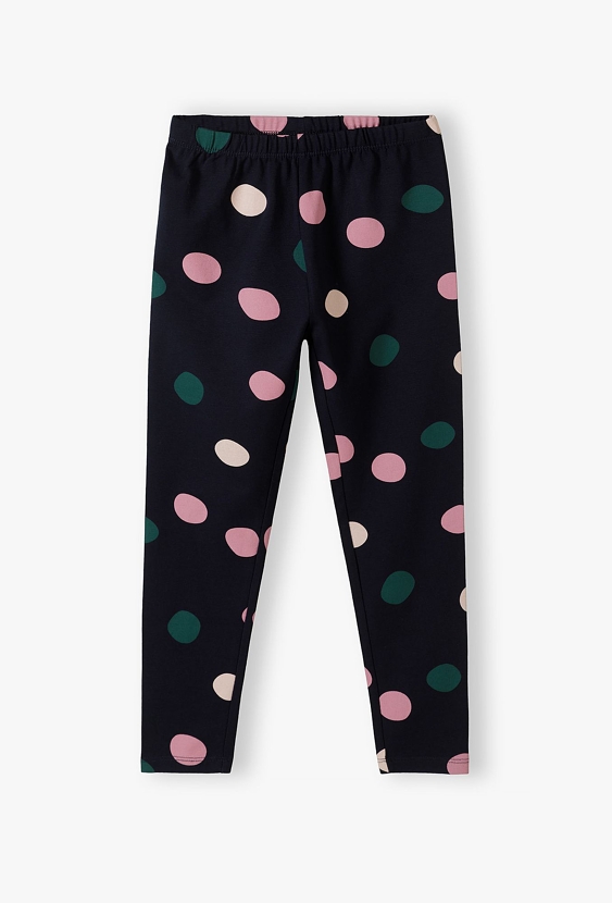 Granatowe leginsy dziewczęce w kolorowe kropki - 5.10.15.