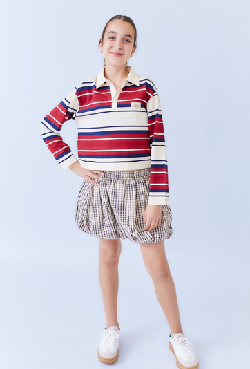 Czerwone dziewczęce polo w paski z długim rękawem