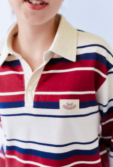 Czerwone dziewczęce polo w paski z długim rękawem