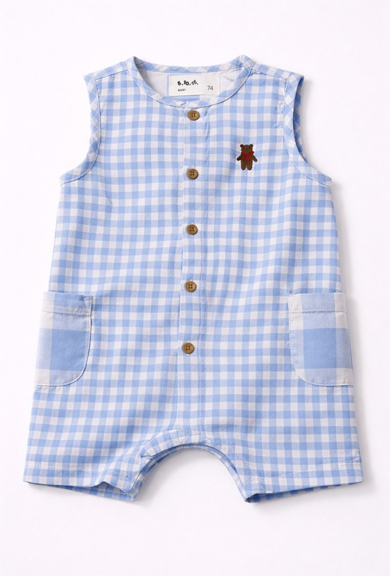 Pajac krótki niemowlęcy chłopiec w kratkę z naszywką misia