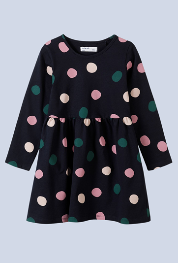Granatowa sukienka dziewczęca w kolorowe grochy - 5.10.15.