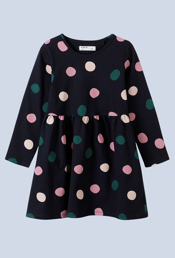 Granatowa sukienka dziewczęca w kolorowe grochy - 5.10.15.