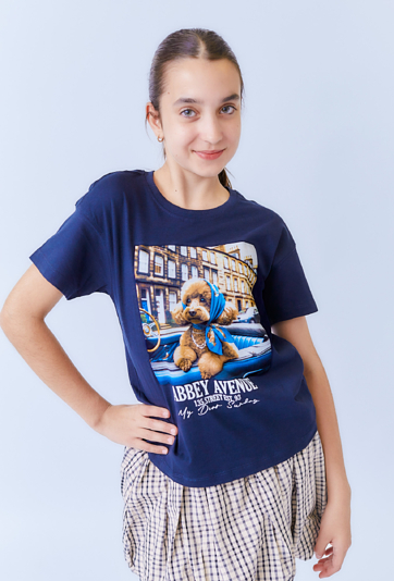 Granatowa dziewczęca koszulka z nadrukiem pieska