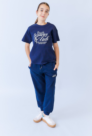 Koszulka dziewczęca granatowa oversize z nadrukiem