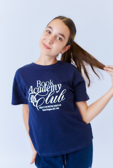 Koszulka dziewczęca granatowa oversize z nadrukiem