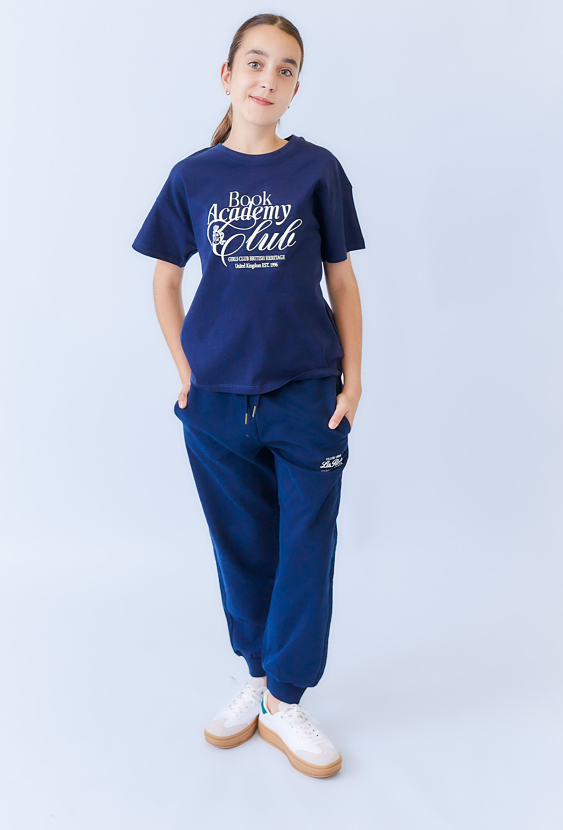 Koszulka dziewczęca granatowa oversize z nadrukiem