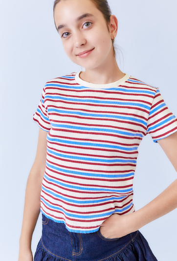 Koszulka dziewczęca ecru w paski.
