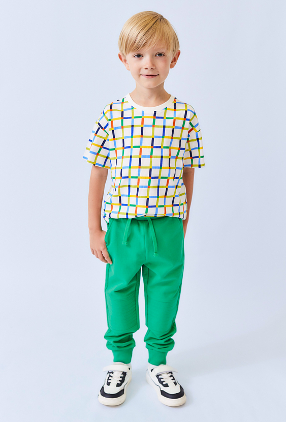 Koszulka chłopięca oversize w kratkę – 100% bawełna, ecru.