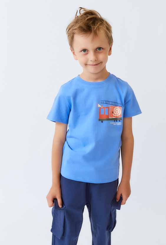 Koszulka chłopięca niebieska z nadrukiem pojazdu