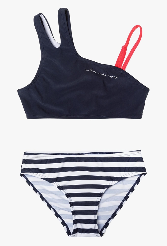 Dwuczęściowy strój kąpielowy dziewczęcy z asymetryczną górą