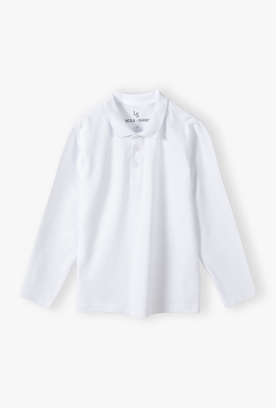 Bluzka chłopięca z długim rękawem i kołnierzykiem polo - biała