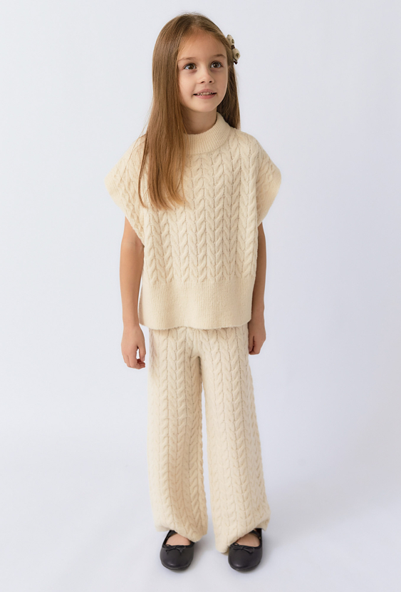 Swetrowe spodnie dziewczęce ecru – krój wide leg