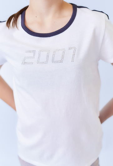 Koszulka dziewczęca biała z dżetami i kontrastowymi detalami