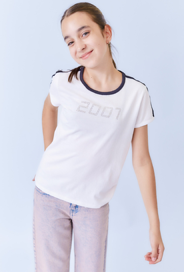 Koszulka dziewczęca biała z dżetami i kontrastowymi detalami
