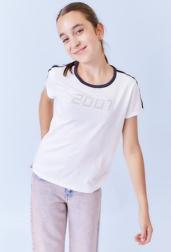 Koszulka dziewczęca biała z dżetami i kontrastowymi detalami