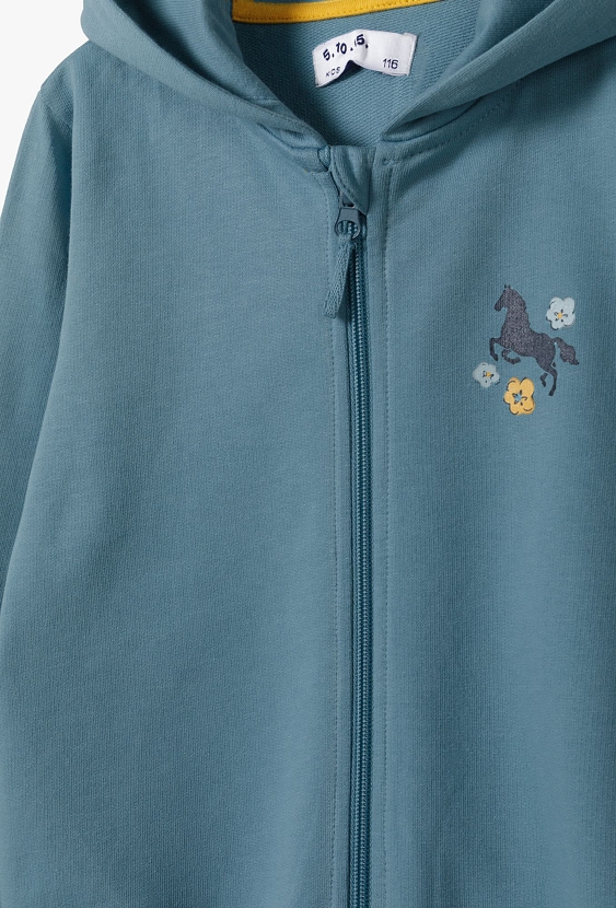 Bluza z kapturem dla dziewczynki - niebieska z konikiem