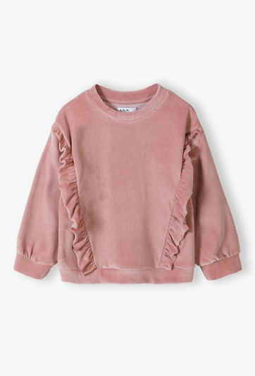 Różowa welurowa bluza dresowa z falbankami