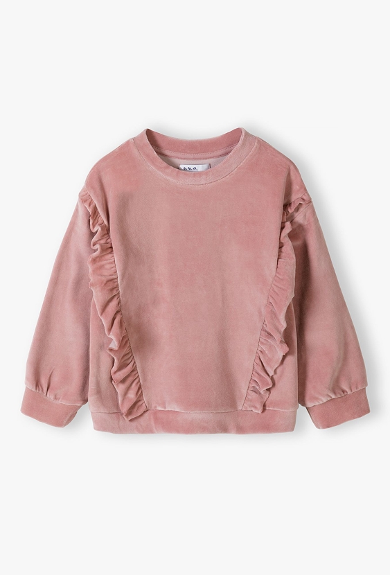 Różowa welurowa bluza dresowa z falbankami