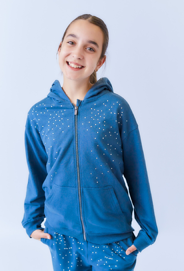 Niebieska bluza dziewczęca z kapturem i dżetami