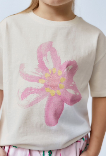 Koszulka na lato - ecru z różowym kwiatkiem