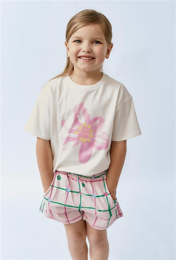 Koszulka na lato - ecru z różowym kwiatkiem